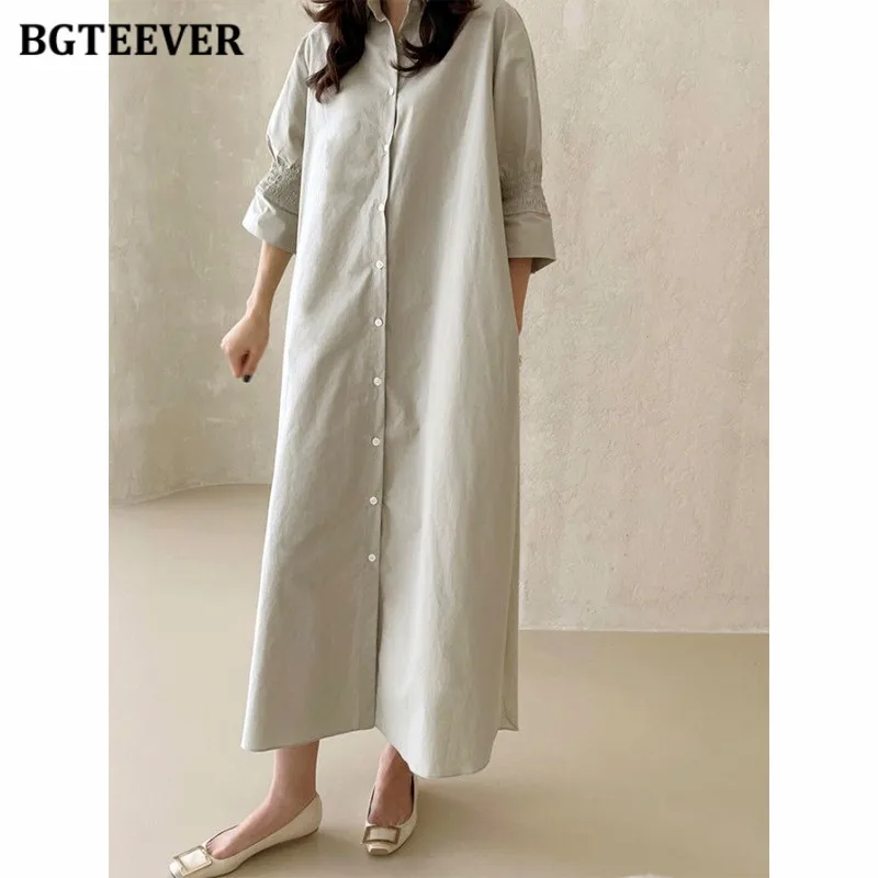 BGTEEVER Casual Lapel Single-breasted Women Shirt Dress Half Sleeve Loose Straight Female Long Dress vestidos