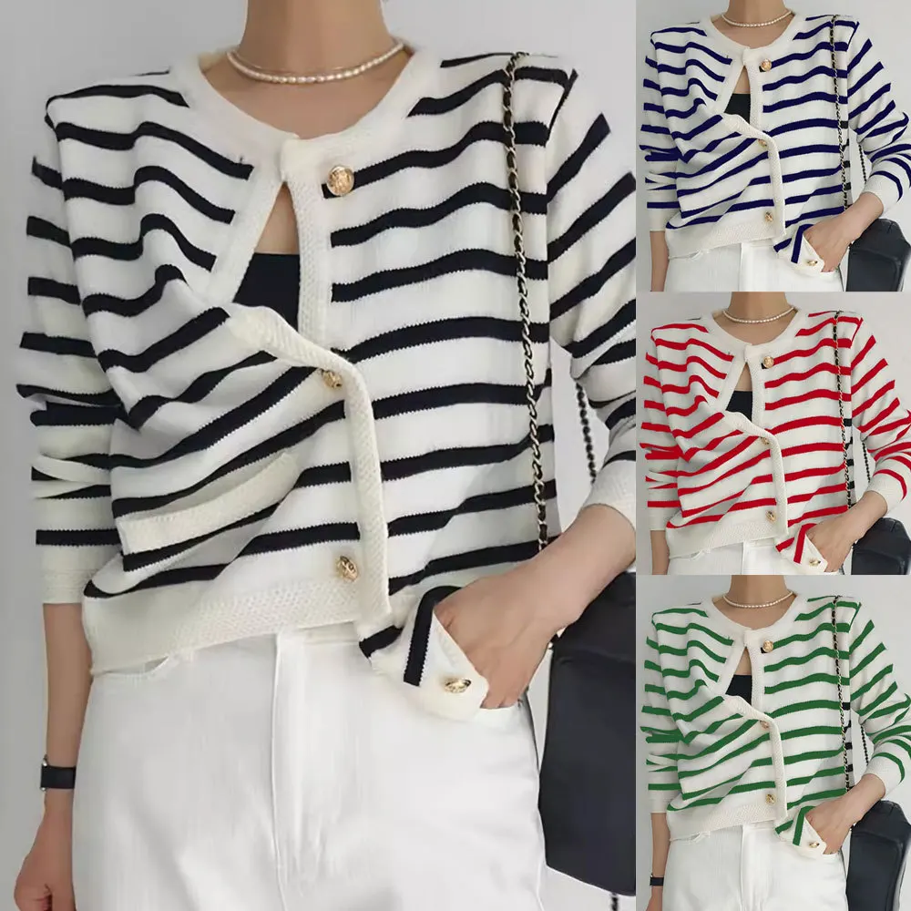 

2024 Autumn and Winter Black and White Striped Knit Cardigan Coat Elegant Wool Cardigan Women's Europe and America