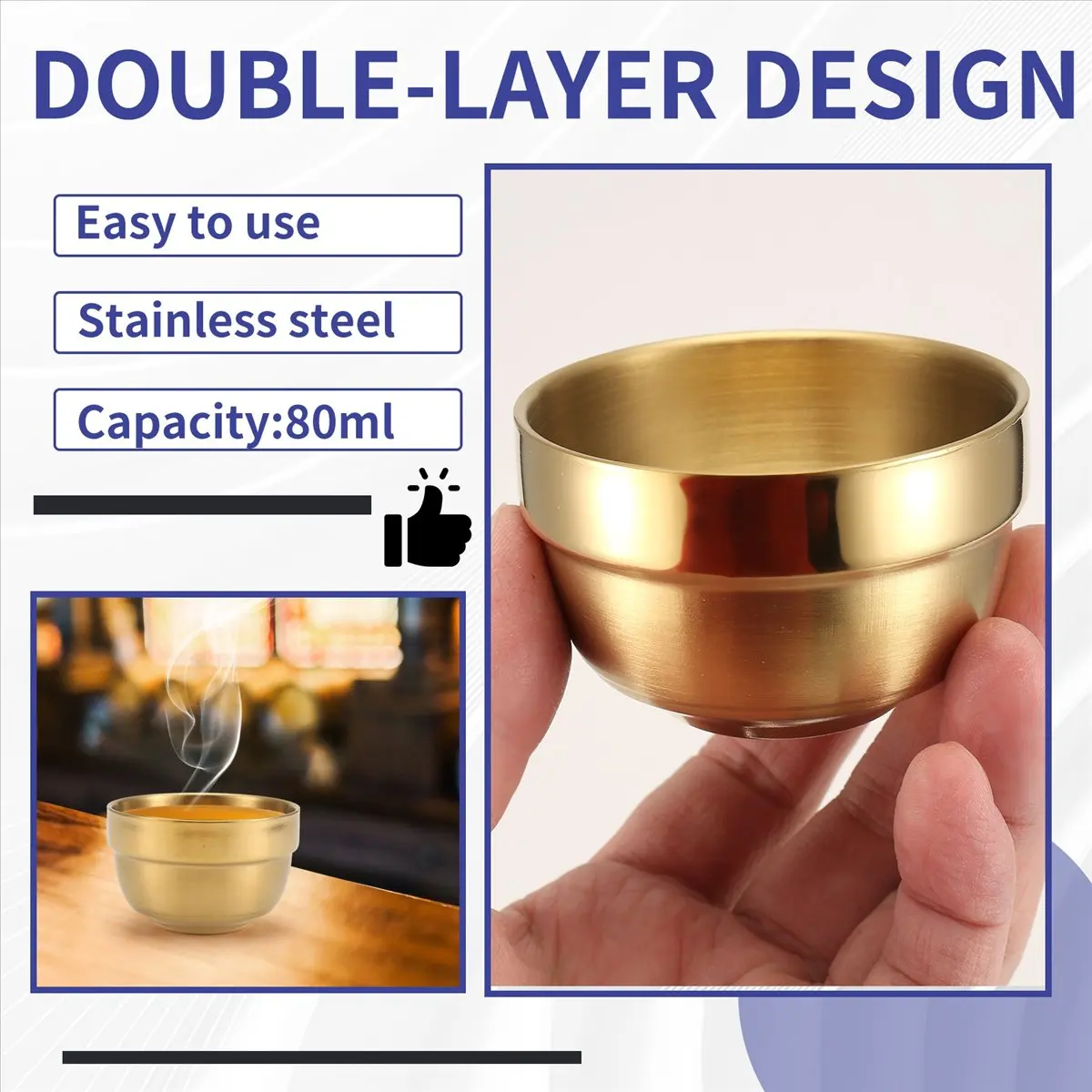 AA83 80ml Stainless Steel Sake Cup Double Layer Mini White Wine Cup for Tea Water Cups Industrial Style Kitchen Drinkware,A