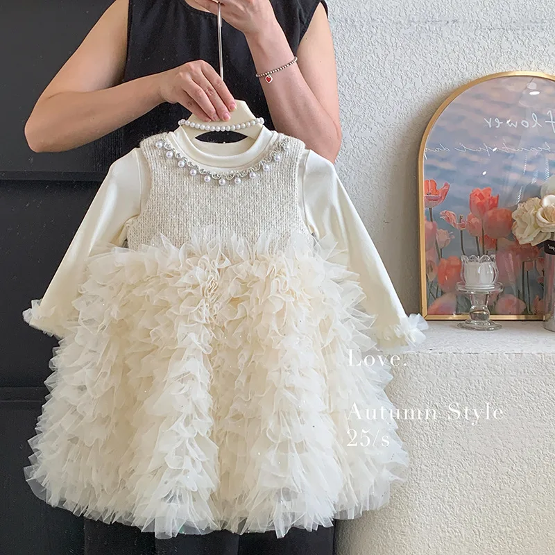 Girls' Dress Spring and Autumn Children's High End Birthday Princess Baby Vest Cake Dress Two Piece Set