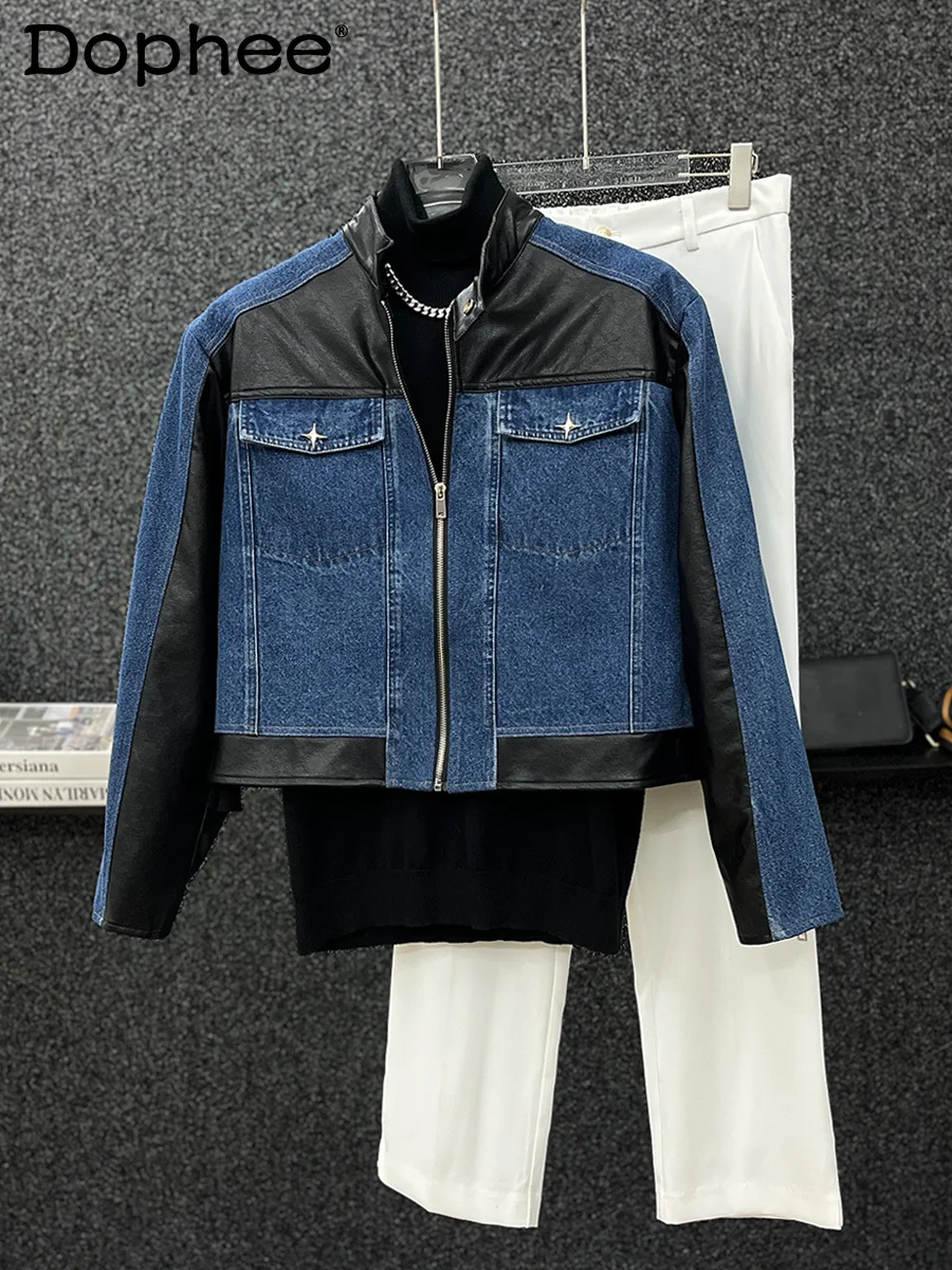 2024 Spring Autumn New High-End Short Padded Shoulder Leather Patchwork Denim Men's Casual Loose Retro Jacket Easy Matching Coat