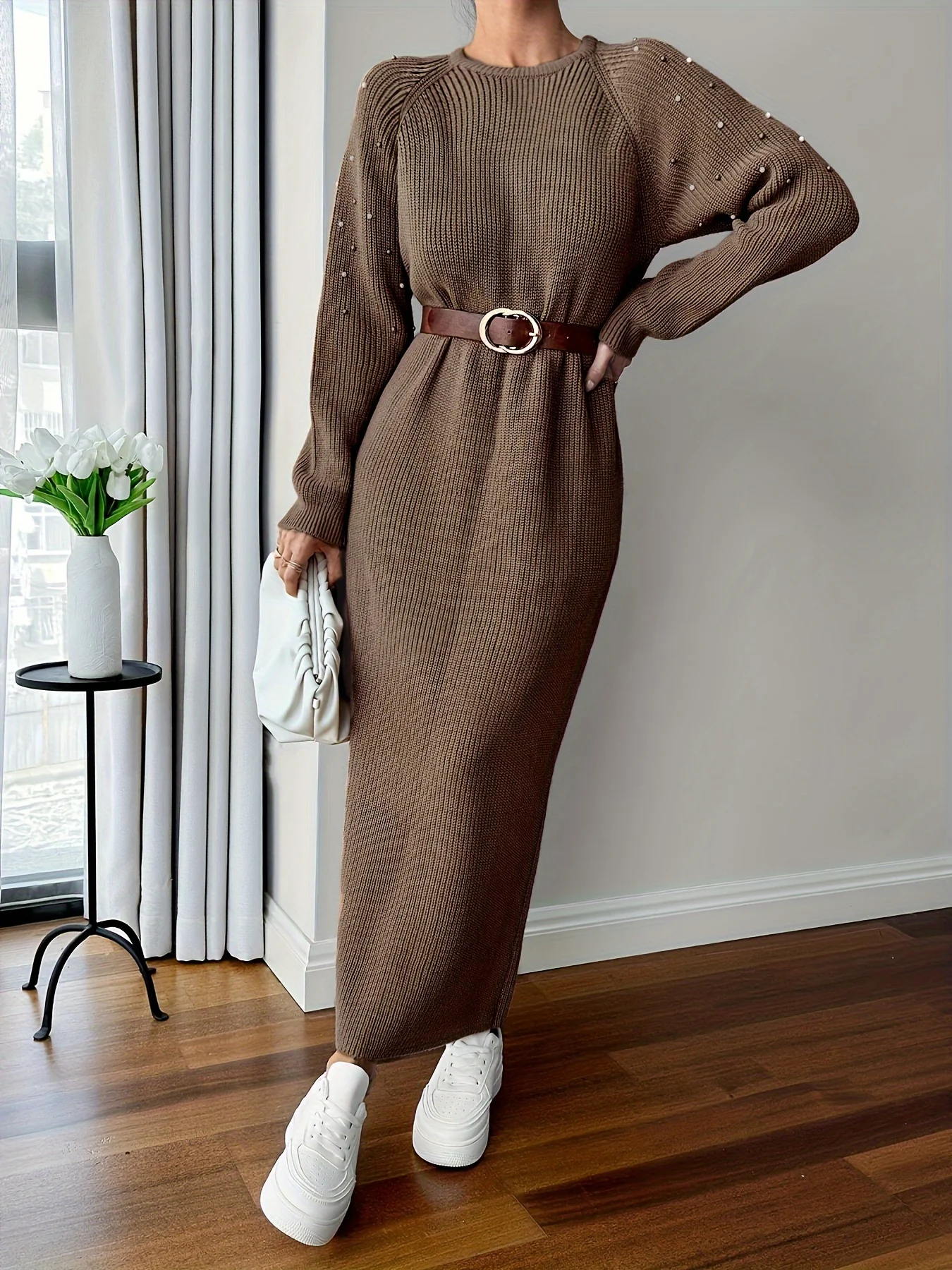 

Women's Long Round Neck Fashionable Casual Simple Knitted Dress Autumn and Winter Warm Long Skirt Without Belt