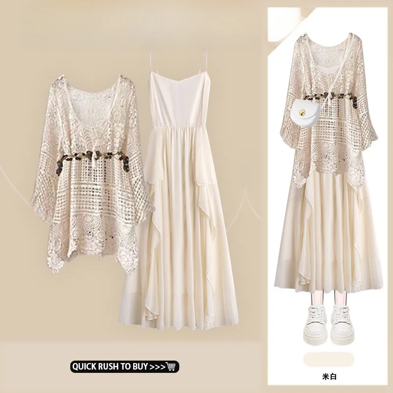 

Autumn Vaion Sle Hollow out Knitted Cover up Dr Slimming Waistline Two Piece Set Ele Aosphere Strapl Gown