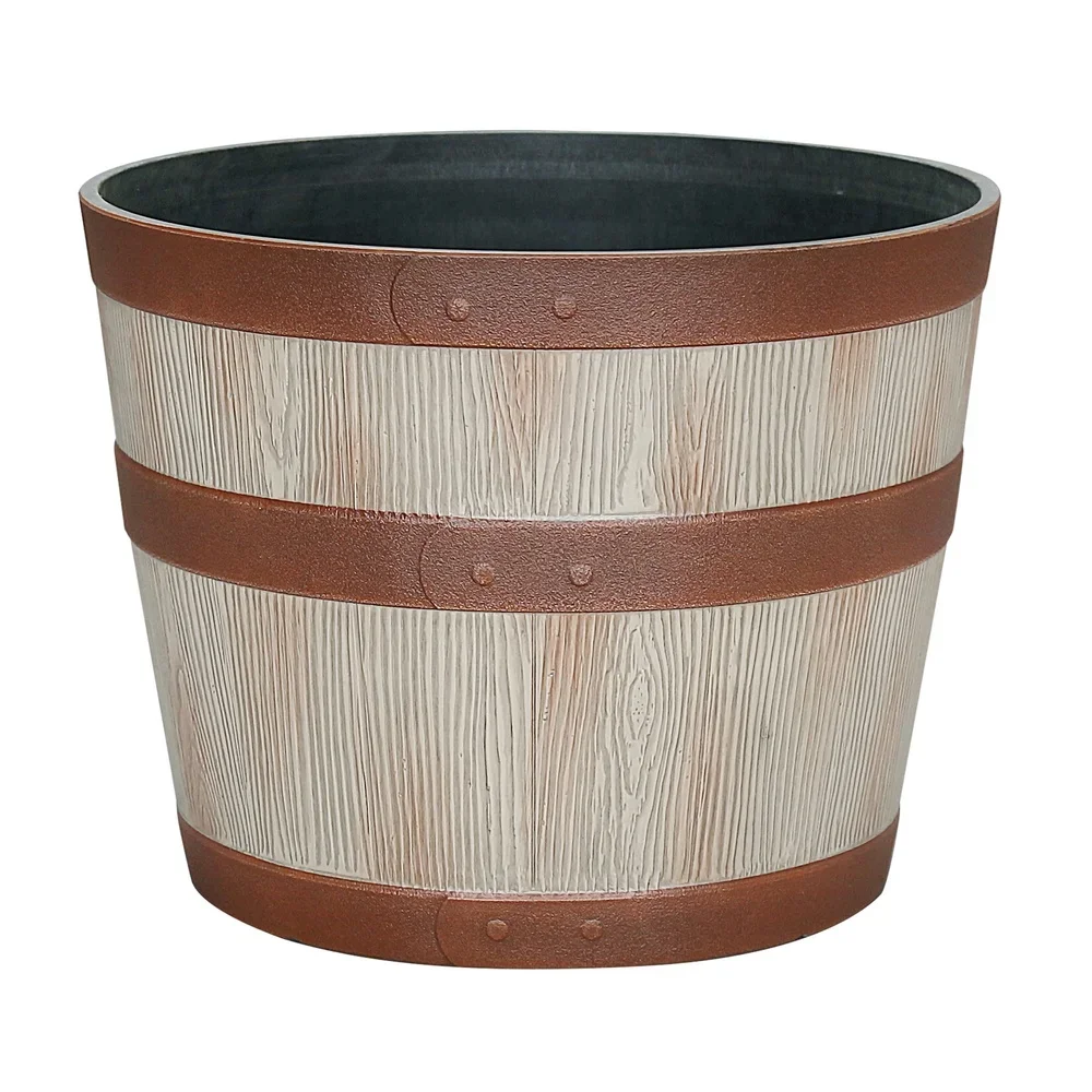 Donica z żywicy w kształcie beczki whisky, trwała, okrągła, do użytku wewnątrz i na zewnątrz, z otworami odpływowymi, odporna na mroz, lekka, łatwa w pielęgnacji.