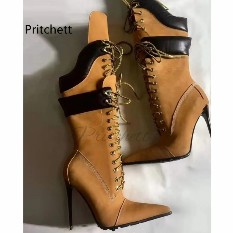 Yellow Suede Patchwork High Heels Boots for Women Pointed Toe Stiletto High Heel Sexy Knee High Women\'s Boots Winter Shoes