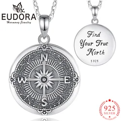 Eudora 925 Sterling Silver Compass Photo Locket Necklace Vintage Pendant Men Women Personality Jewelry Souvenir DIY Gifts