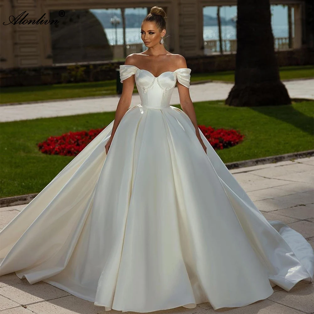 Alonlivn Luxurious Satin Sweetheart Ball Gown Wedding Dress Off Shoulder Sleeves Beading Pearls Princess Bridal Gowns