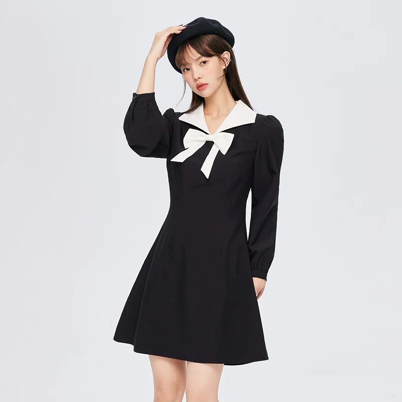 Semir Dress Women  Autumn Winter Bowknot 2023 Winter New Sweet Color Contrast Versatile Fashion Little Black Dress