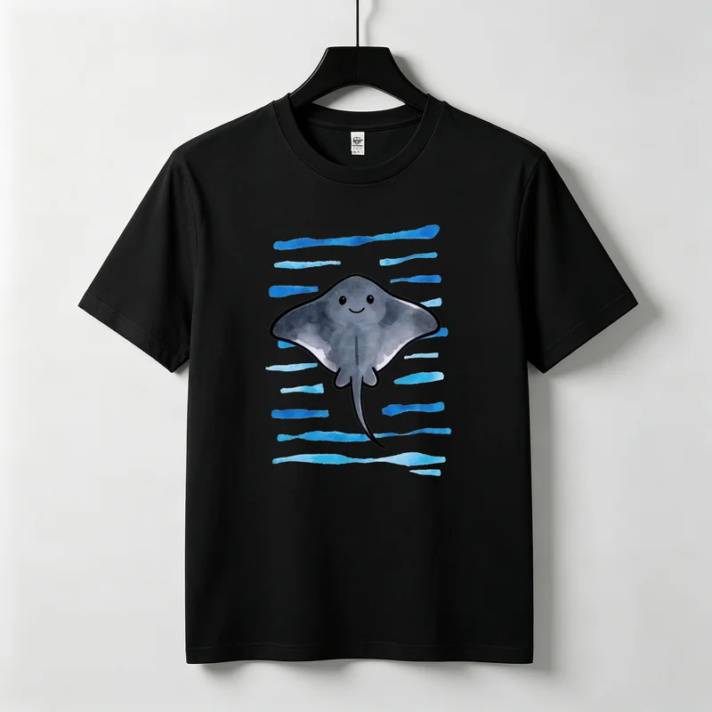 Cartoon Stingray with Blue Water Stripes T Shirt Watercolor Marine Art Pattern Premium Cotton Short Sleeve Sea Animal Lover Tee
