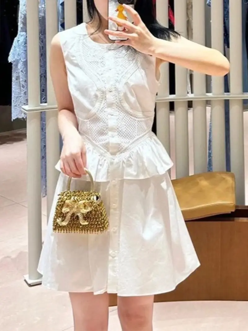 Women Lace White Dress Ruffles Spliced High Waist Sleeveless O-Neck Sweet Summer 2024 Mini Robe