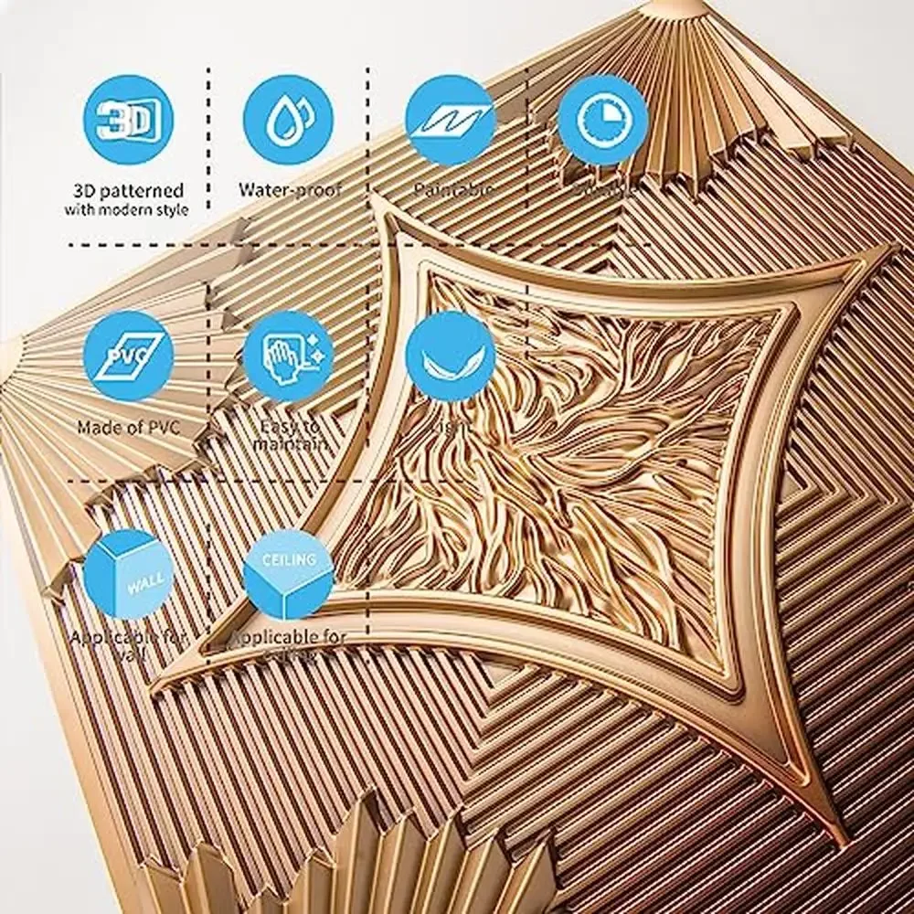 Paneles 3D Wainscoting 24x24 Azulejos de techo de bronce Paquete de 12 PVC Ligero Resistente al agua Instalación Pegamento 2x2 Ecológico