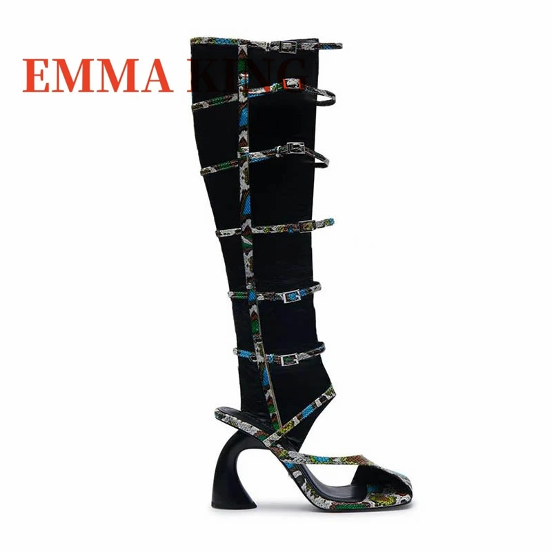 

Snake Pattern Gladiator Sandal Half-Open Almond Toe Knee-High Shaft Sandals Sculpted Chunky Heels Buckled Straps Summer Shoes 40