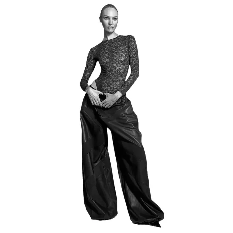 2025 nueva ropa de mujer europea y americana cuello redondo manga larga perspectiva inferior delgado Sexy Spice Girls moda encaje alto