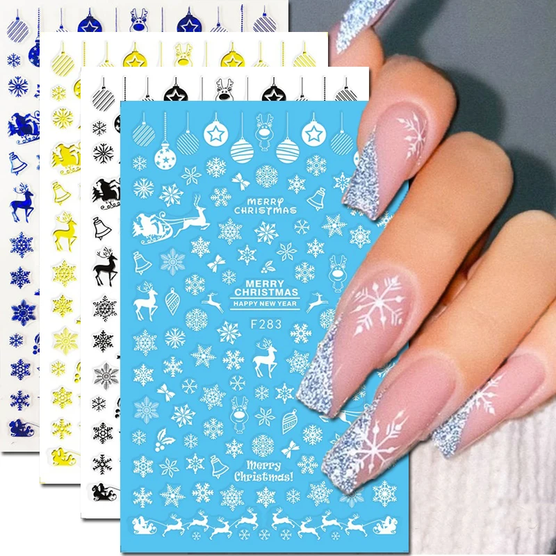 

Nail Art 3d Decals Winter Christmas White Black Blue Gold Snowflakes Back Glue Nail Stickers Decoration For Nail Tips Beauty