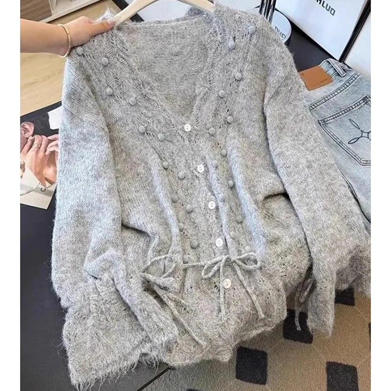 

Вязаный крючком ажурный вязаный свитер женский с расклешенными рукавами кружевной милый кардиган на шнуровке свободный сексуальный v-образный вырез повседневный весенне-осенний джемпер топ