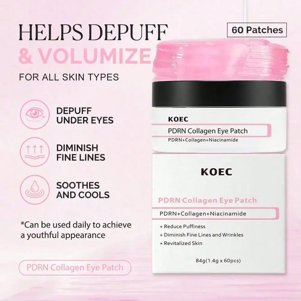 PDRN Collagen Eye Patch, 60-Count Under Eye Patches Depuff, Cool And Firm Skin. Rich In PDRN, Collagen And Active Ingredients For Daily Eye Care. Suitable For Vacations And Office Use, A Practical Present.
