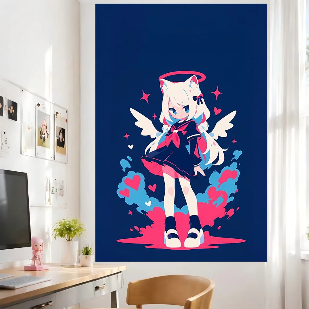 Harajuku Kawaii Anime Tapestry Neko Angel Cat‑Ear Girl Hearts Sparkle Dark Blue Wall Hanging Art for Dorm Bedroom Cute Aesthetic