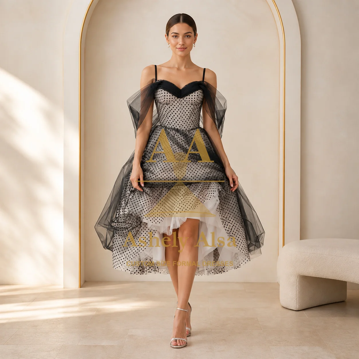 Vestido de cóctel negro marfil, escote corazón, estampado de lunares, corsé, capas, falda asimétrica, vestido de fiesta de tul, para fiestas formales, invitada de boda, talla personalizada