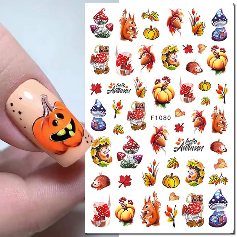 

3d Nail Art Stickers Autumn Pumpkin Chestnut Mushroom Maple Leaves Adhesive Sliders Decals For Nails Tips Decorations Manicures