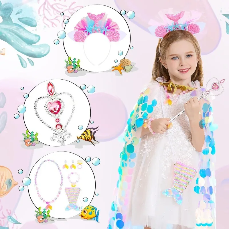 Theeper Sequined Cape Princess Crown Outfit Set Carnival Themed Party Clothes Stage Performance Sparkly Festive Accessory Kit