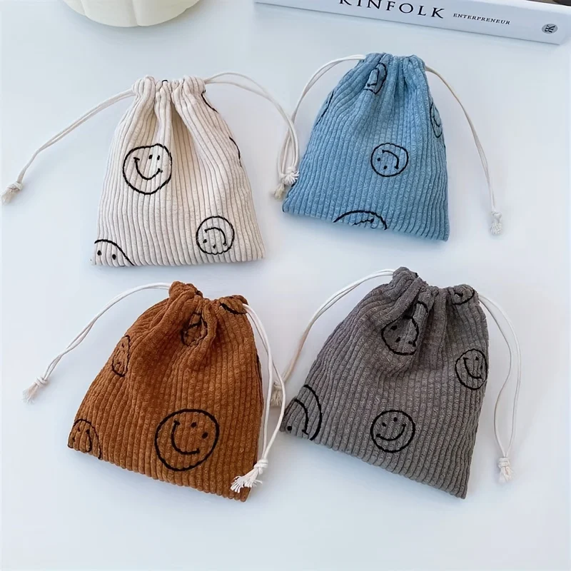 1pc Fresh Smile Corduroy Storage Bag Drawstring Pocket for Purse Organizer Makeup Organizer Aesthetic Stuff