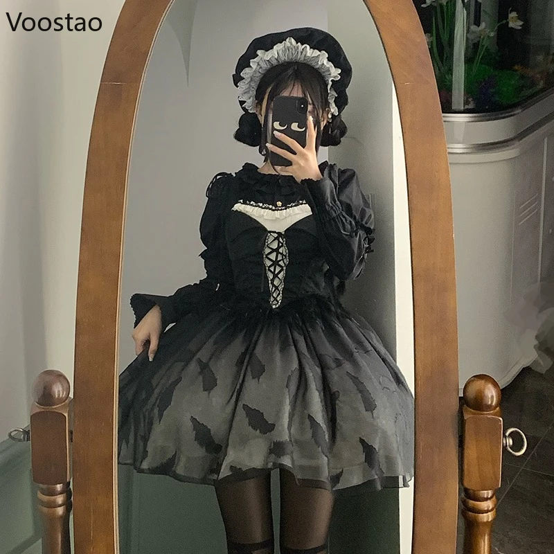 日本のビクトリア朝のヴィンテージロリータシャツ女性甘いかわいいレースリボン長袖ブラウストップス女の子ゴシック Y2k フリルブラウス