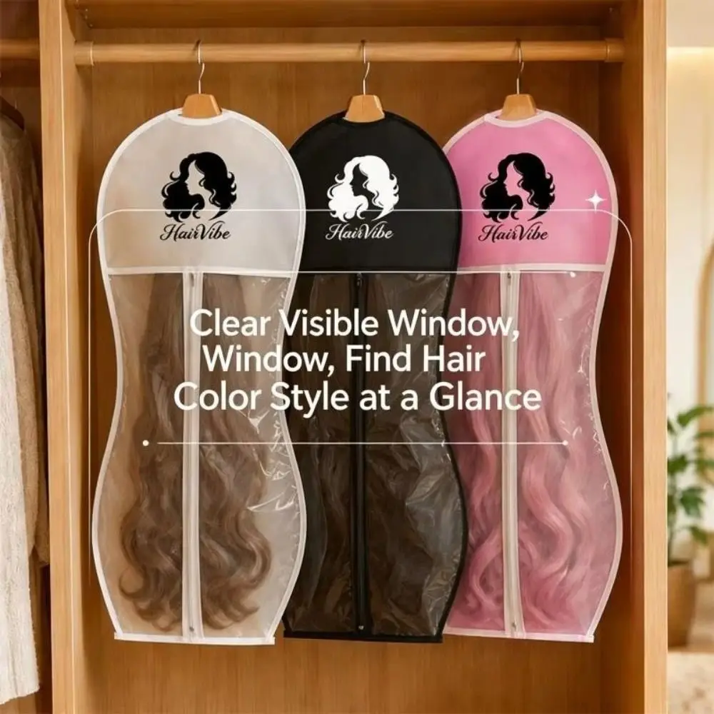 New PEVA Wig Storage Bag Transparent Dustproof Hanging Wig Bag Hanger Hook Zipper Closure Wig Organizer Wardrobe Organization