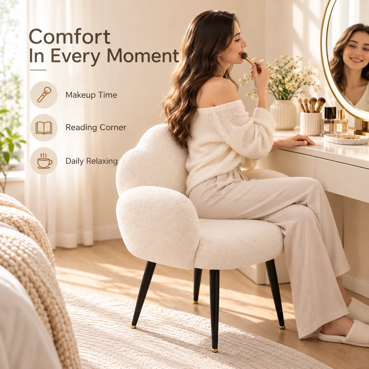AOLIVIYA Vanity Chair Makeup Chair Boucle Style Accent Armchair With Arms Cloud Back For Bedroom Dressing Table Desk