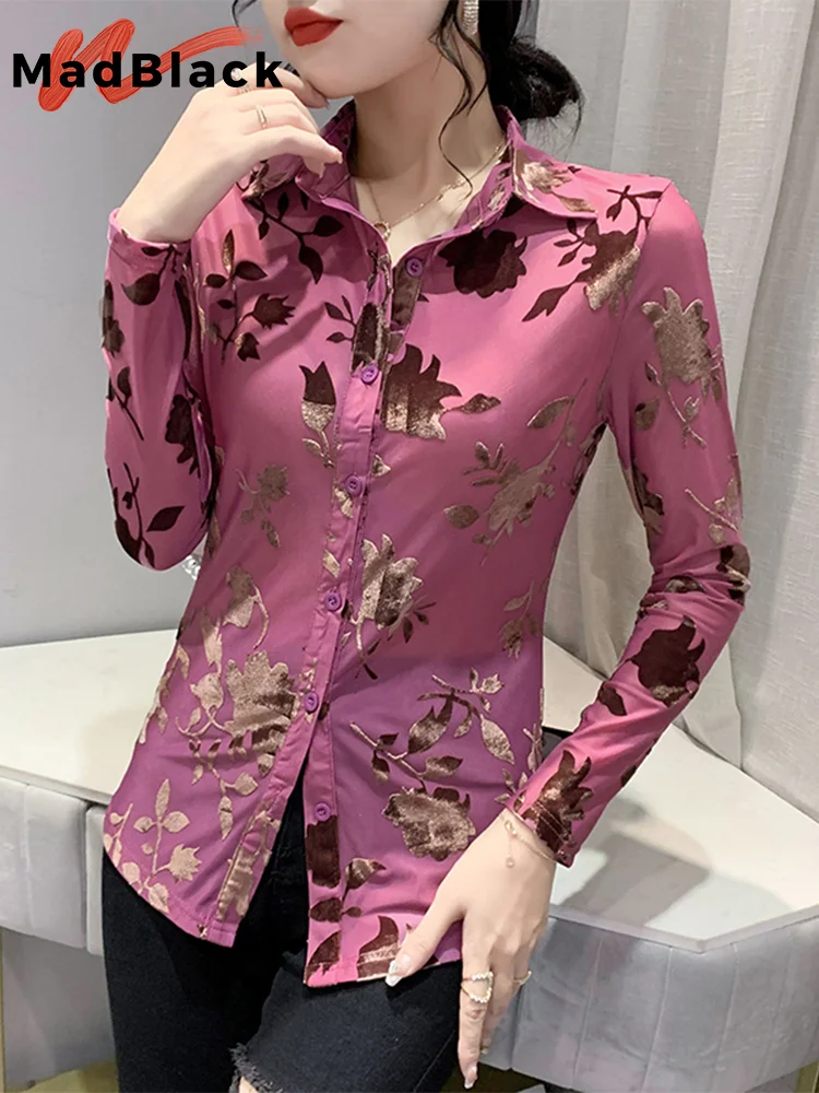 MadBlack Spring Flocking Printed Shirt Sexy Sheer Women Turn Down Collar Long Sleeves Mesh Tops Clubwear Shirts New Fall T32522Z
