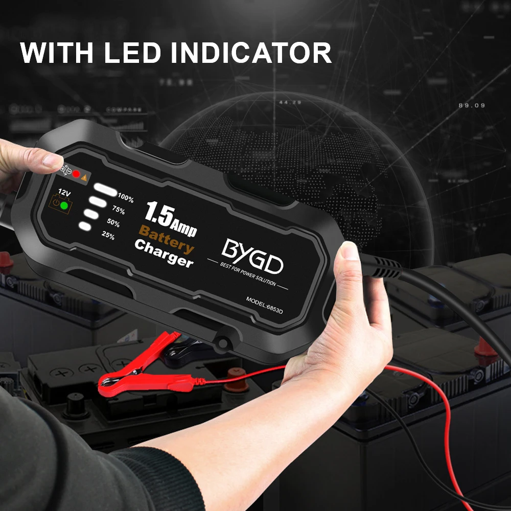 شاحن بطارية أوتوماتيكي 12 فولت 1500 مللي أمبير للسيارة/RV/ATV/قارب شاحن بطارية دراجة نارية ذكي أوتوماتيكي مع LED