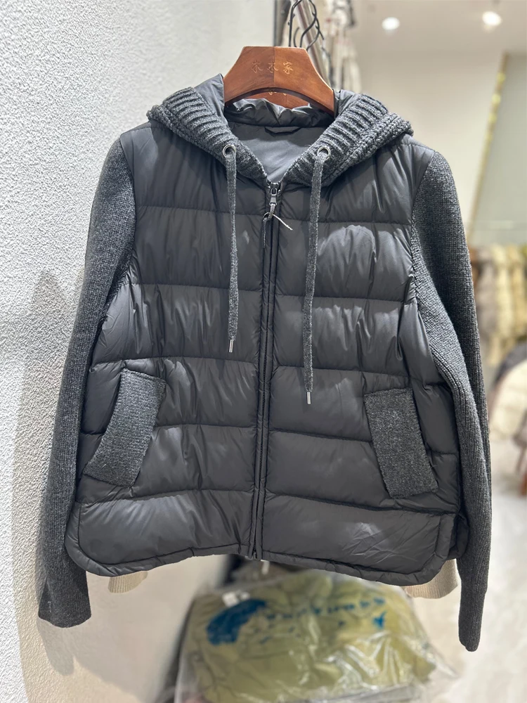 Ceco Corto ro de Punto con Capucha y Diseño de Patchwork para Otoño-Invierno 2025, Chaqueta de Plumas de Ganso Blanco,...