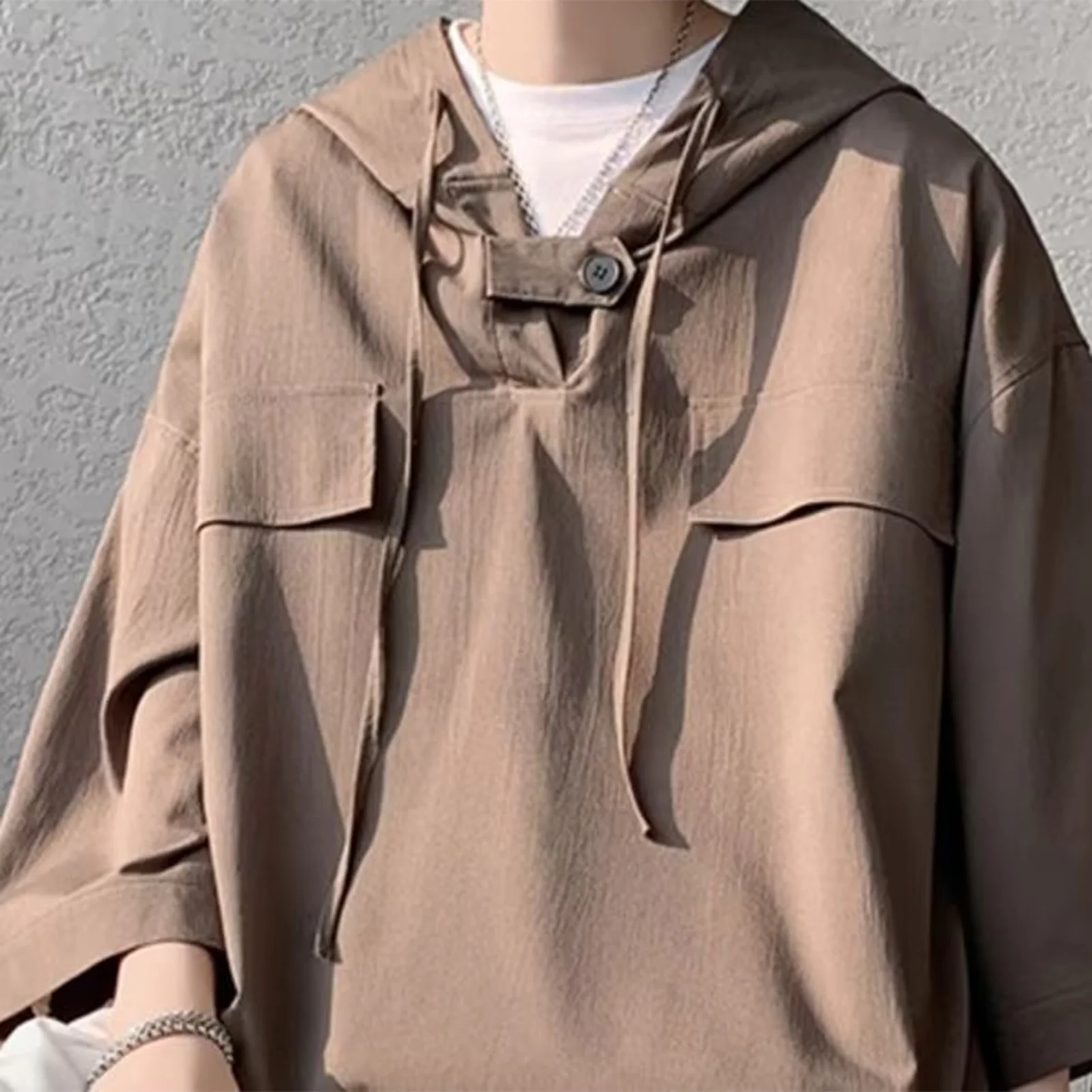 Summer Hooded T shirt Men Korean Half Sleeve Pullover Streetwear Loose T-shirt Tops Drawstring Men Clothing