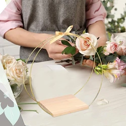 Metal Floral Hoop Centerpiece with Wooden Stand Gold Hoop Wreath Rings for DIY Wreath Flower Garland Party Supplies Decoration