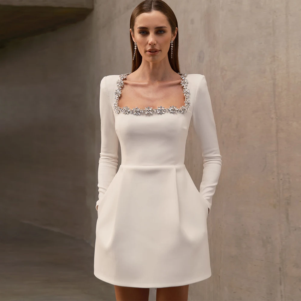 

Charming Women's Wedding Dresses Mini White Jersey Rhinestone Pocket Bespoke Occasion Gown A-line Square Neck Mini Dresses