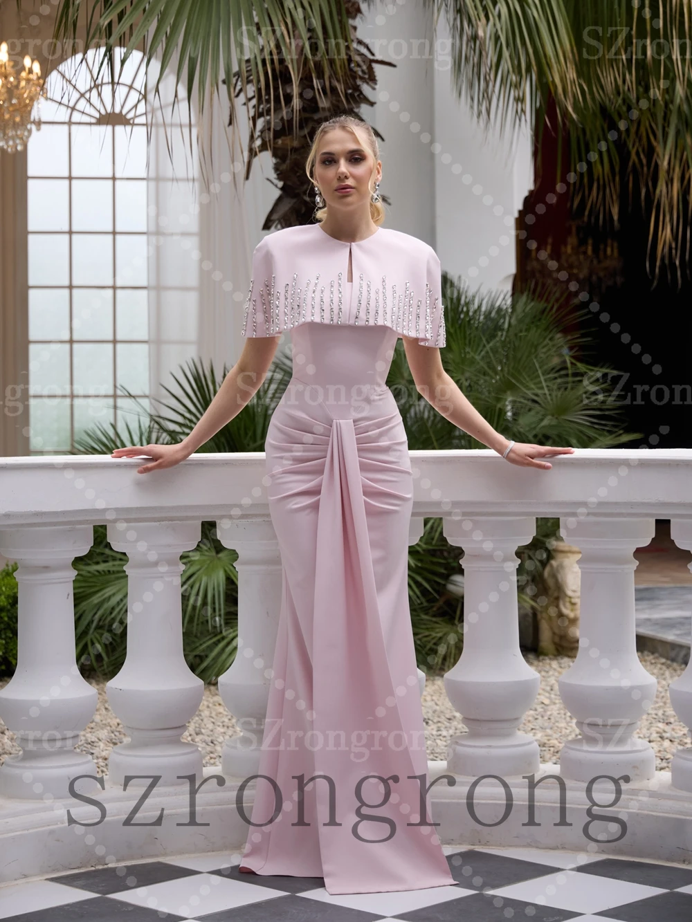 Custom Made Boat Collar Pleated Evening Dress Beaded Sheath Backless Floor Length Prom Bridal Gown with Jackets vestidos de