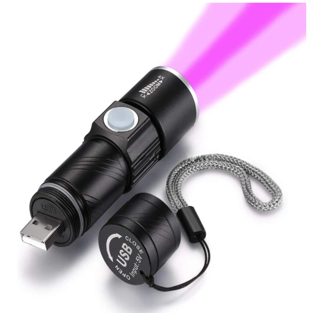 UV 충전식 USB 손전등, 395nm 블랙라이트 자외선 램프, LED 휴대용 미니 휴대용 토치, 개 소변 얼룩 감지기
