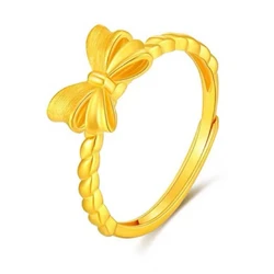 14K Orginal Gold Color Rings for Women Elegant Bow Princess Dream Finger Rings Wedding Birthday Resizable Fine Jewelry Gifts