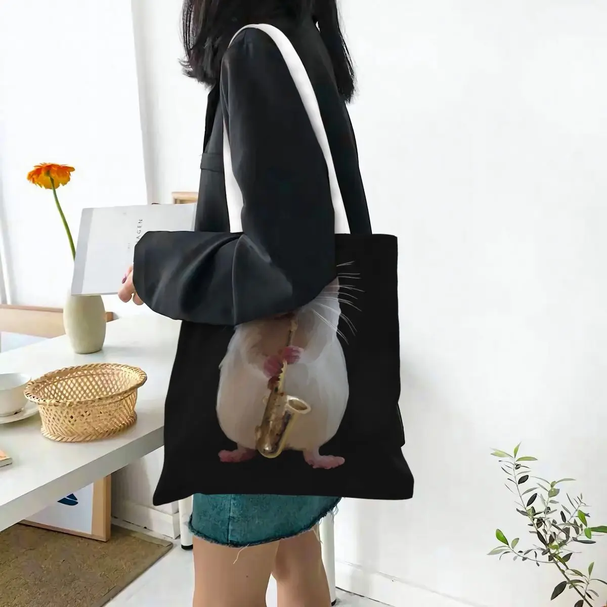 Rat Playing The Saxophone Shopping Bags Canvas The Tote Bag Reusable for Girls Shoulder Tote Travel Handbag