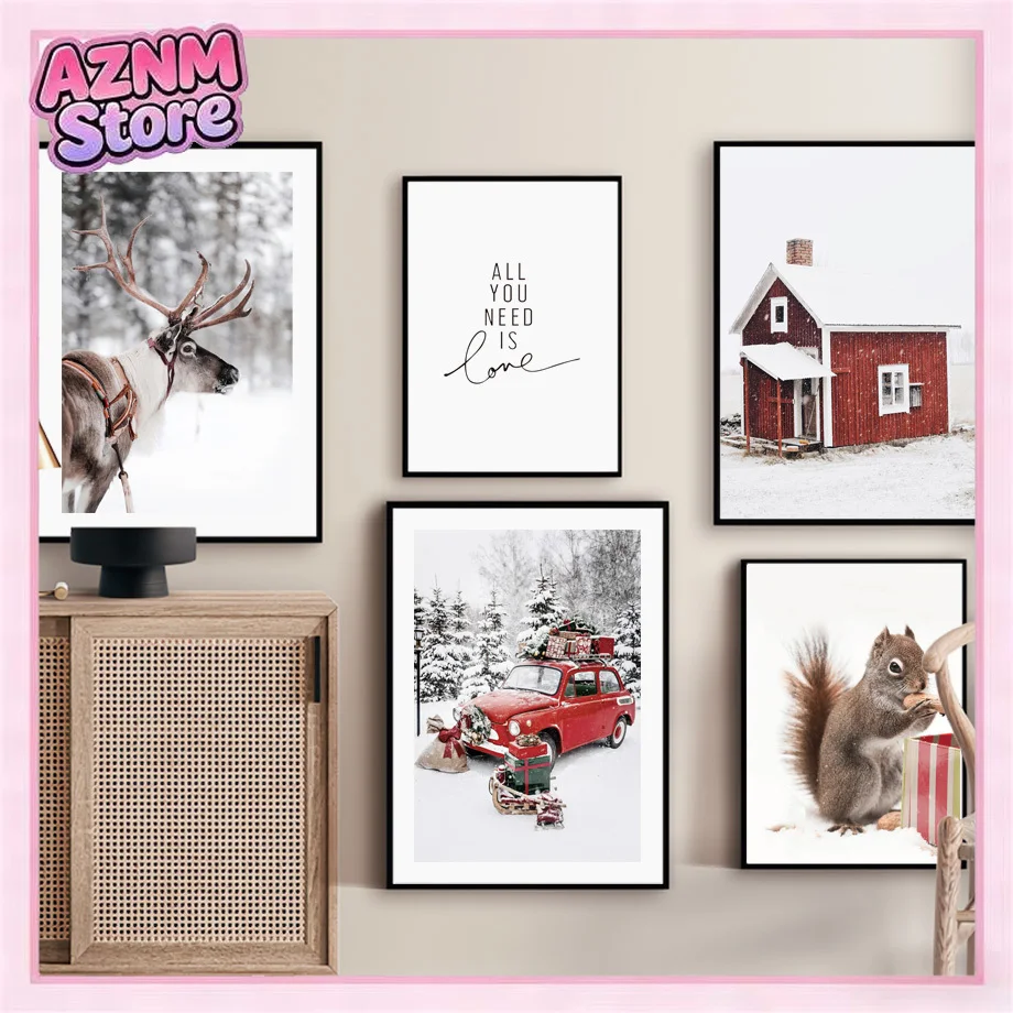 Christmas Red Car Home Elk Squirrel Wall Art Canvas Painting Holiday Living Room Decoration Posters And Prints Wall Pictures