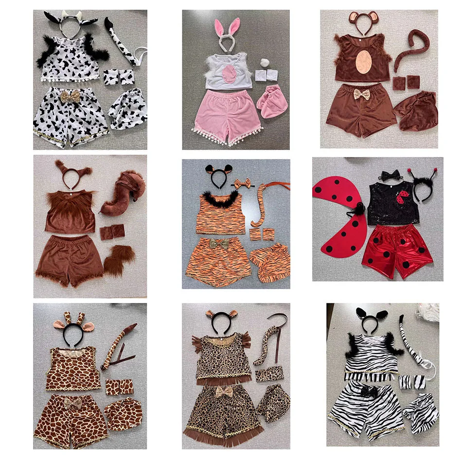 Halloween Girls Boys Animal Cosplay Costumes Kids Zoo Forest theme Tiger Zebra Leopard Ladybug Monkey Squirrel Performance Sets