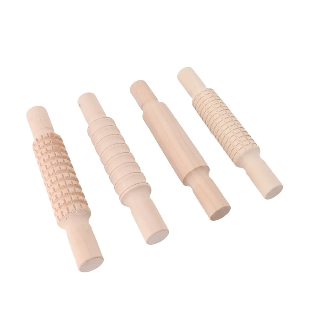 4pcs Multipurpose Wood Rolling Pin Textured Assorted Pattern Dough Rolling Pin Easy To Clean Craft Printing Tool Baking