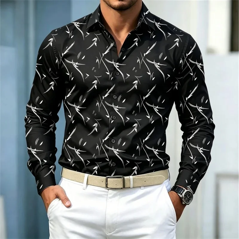 Men's shirt with abstract line print, long-sleeved shirt, solid color slim fit shirt, fashionable business casual men's clothing