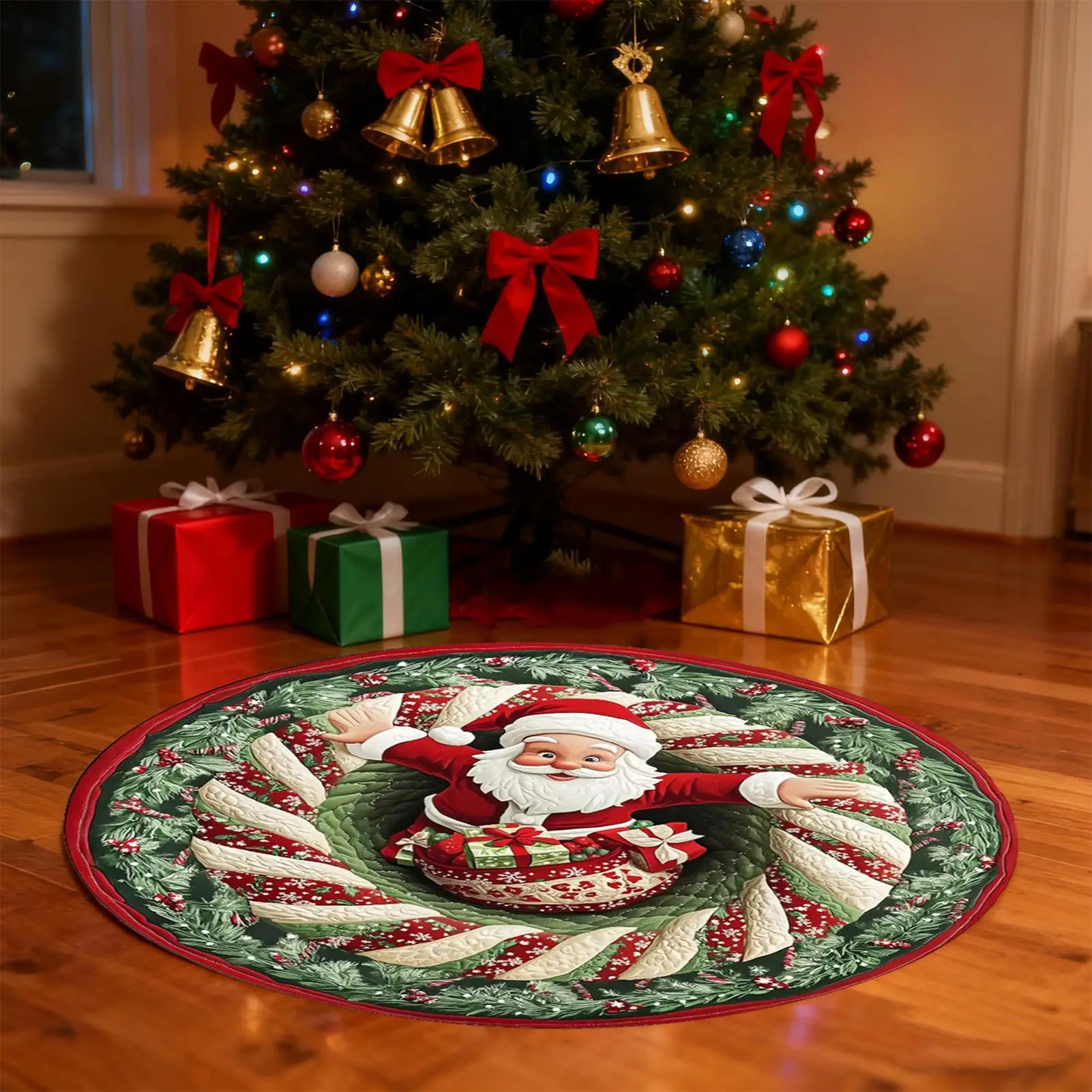 Christmas Area Rug Non Slip Round Carpet 3D Optical Illusion Floor Mat Holiday Home Decor Gift for Living Room Entryway Office