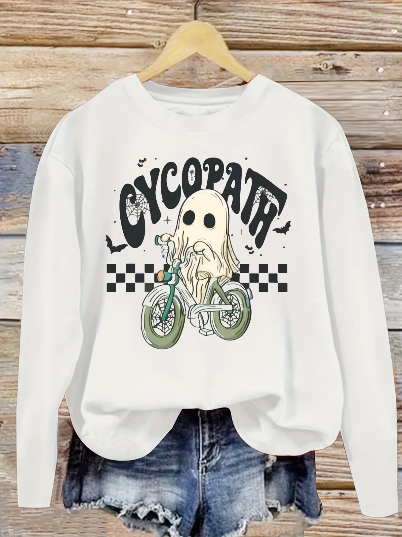 Women's Casual Long Sleeve Crew Neck T-Shirt Ghost Riding Motorcycle Graphic Print Design, Round Neck Women's Clothing, Machine Washable, Slightly Elastic, Loose Fit, Spring Autumn Winter Women's T-Shirt, Halloween Costume Outfit view 5