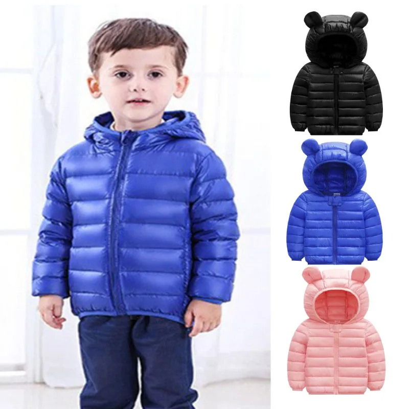 Lightweight Down Jackets Children Boys Girls Baby Cute Ears Coats Autumn Winter Warm Zipper Hooded Outerwear Casual Clothes 0-5Y