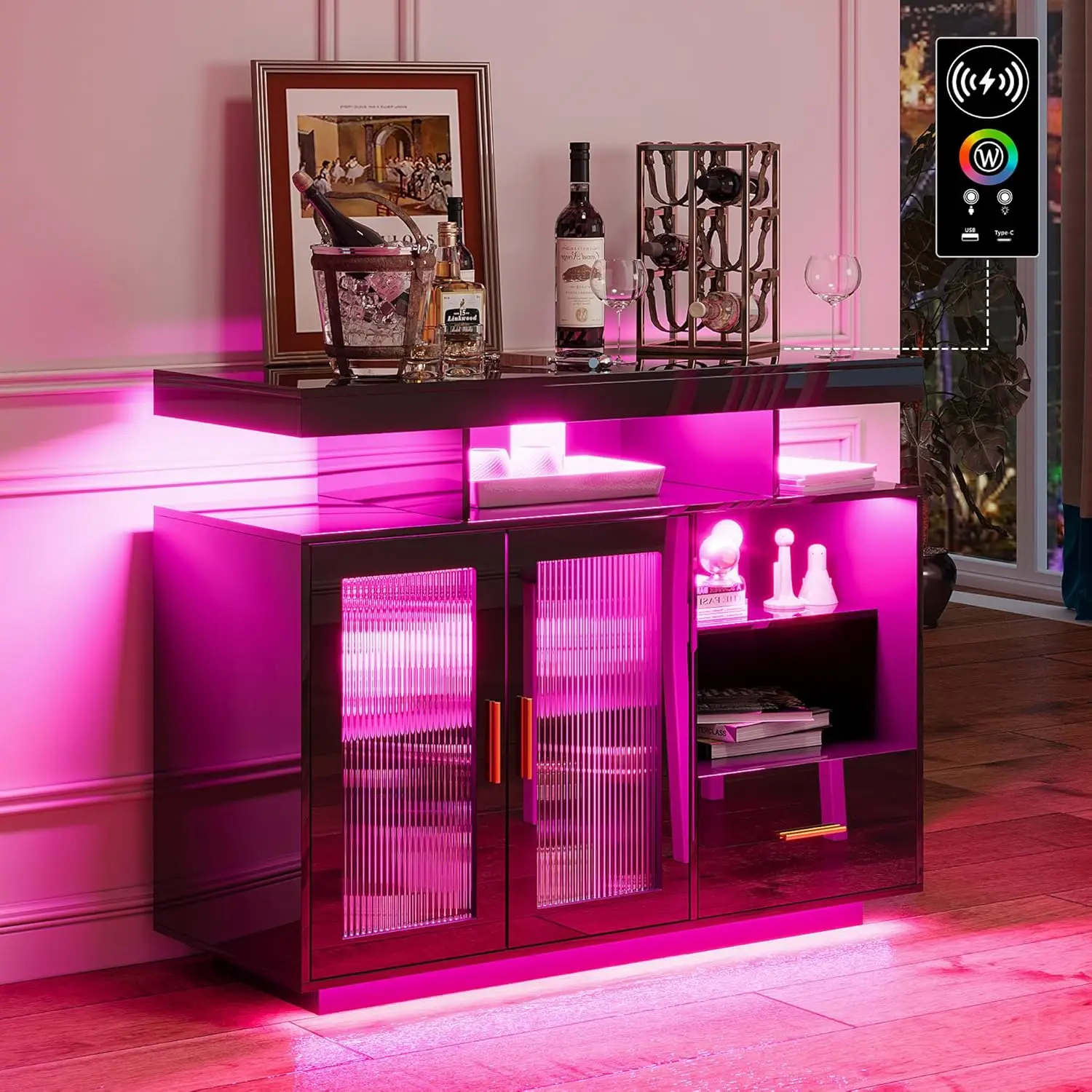 Buffet LED avec station de recharge, armoire de bar à café éclairée par RVB automatique, étagère réglable, noir