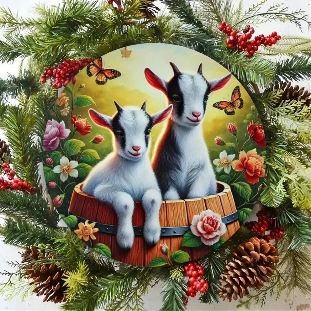 Sinal de lata de metal redondo "temático de cabra" – Arte de parede resistente a UV e à prova d'água, encantador acento circular para casas, cafés e jardins