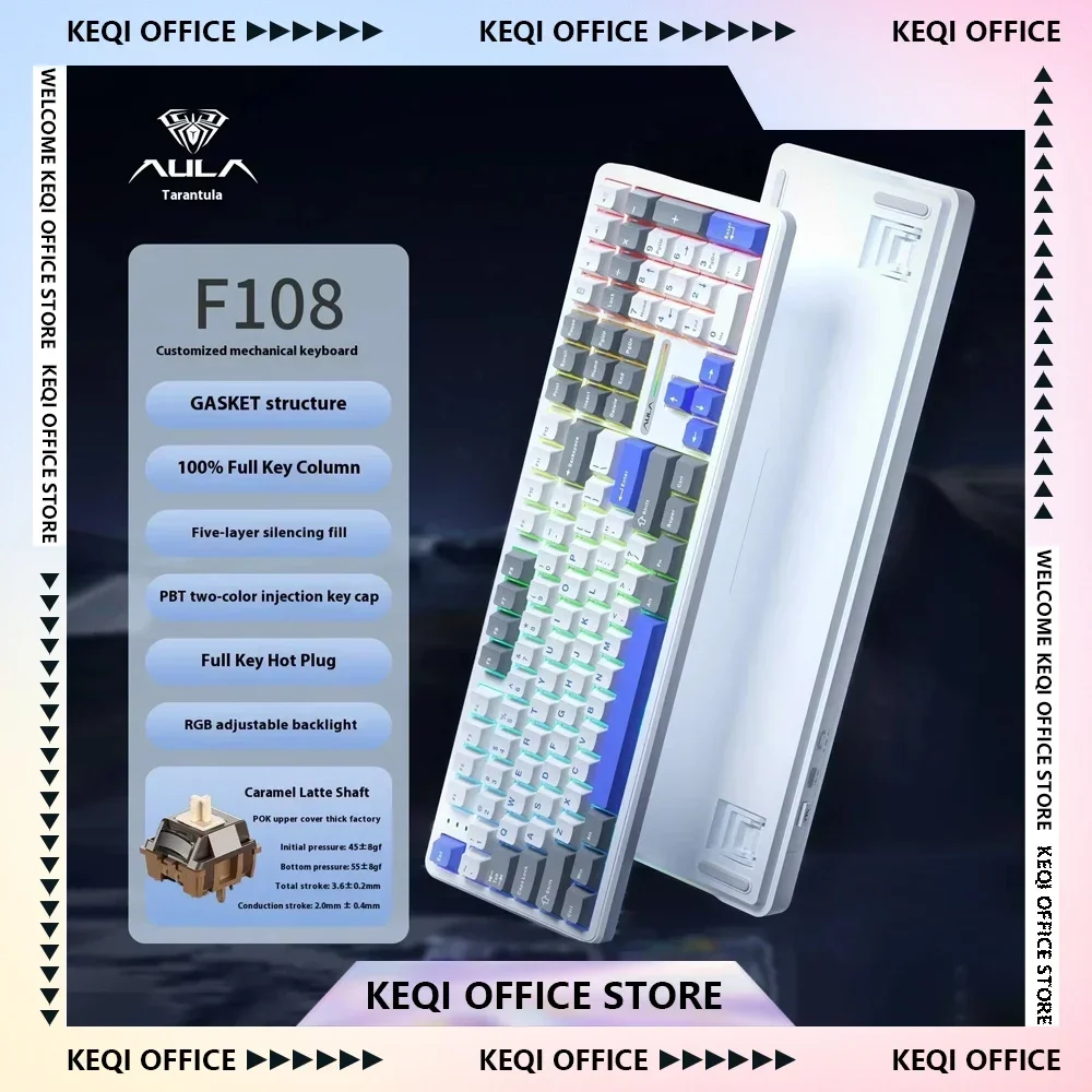 

AULA F108 Mechanical Keyboard Tri Mode Bluetooth 108key Gasket Hot Plug RGB Wireless Game Customized Keyboard PC Accessory Gifts