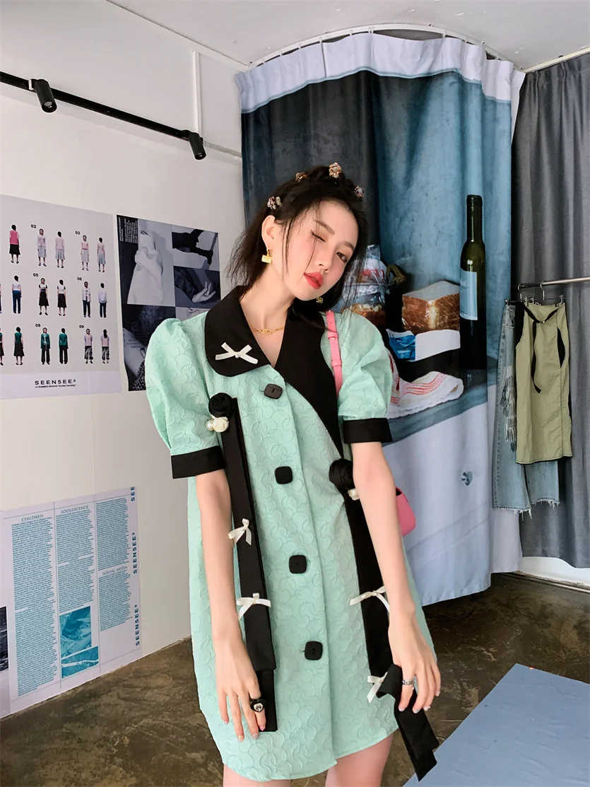 CHEERART Puff Sleeve Jacquard Cyan Designer High Fashion Dress For Women Button Up Short Sleeve Korean Fashion Mini Dress Summer