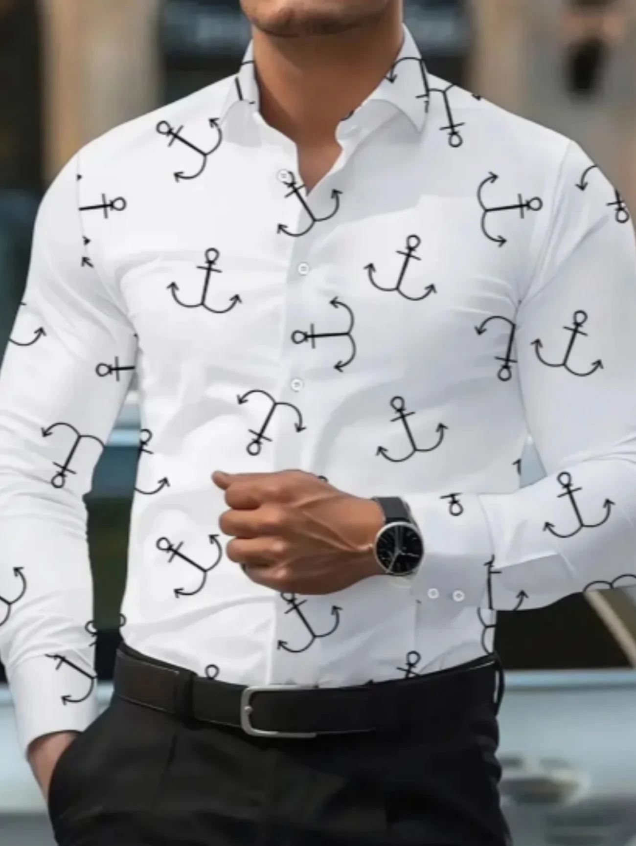 

Men's Long Sleeve Shirt Casual Striped Flower 3D Boat Anchor Print High Quality Fashion Top Shirt